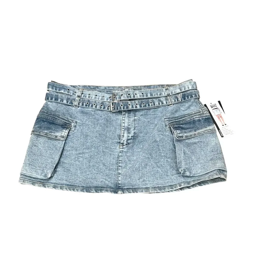 NWT Denim jean Mini Skirt Cargo Large 12-14 Double Belted festival concert